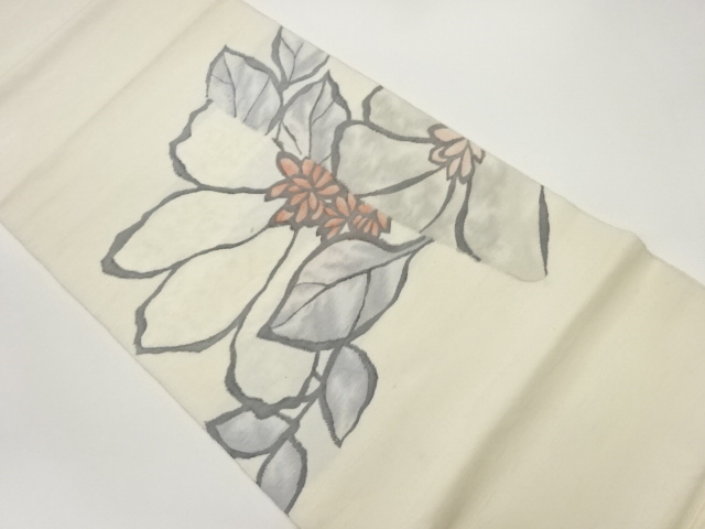 手織り紬花葉模様織出し袋帯